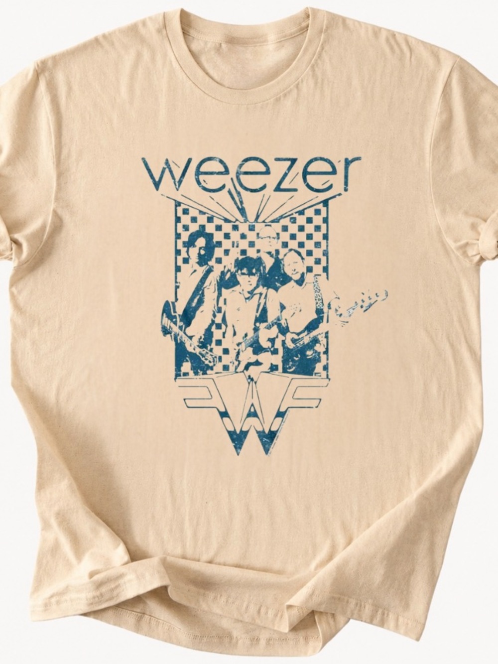 Weezer Band Tee in Beige with Blue Graphic